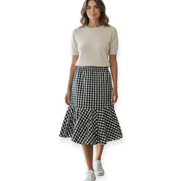 TOPTEN Lady Edition Black White Gingham Midi Skirt M Ruffle Hem Elastic Waist - Picture 1 of 6